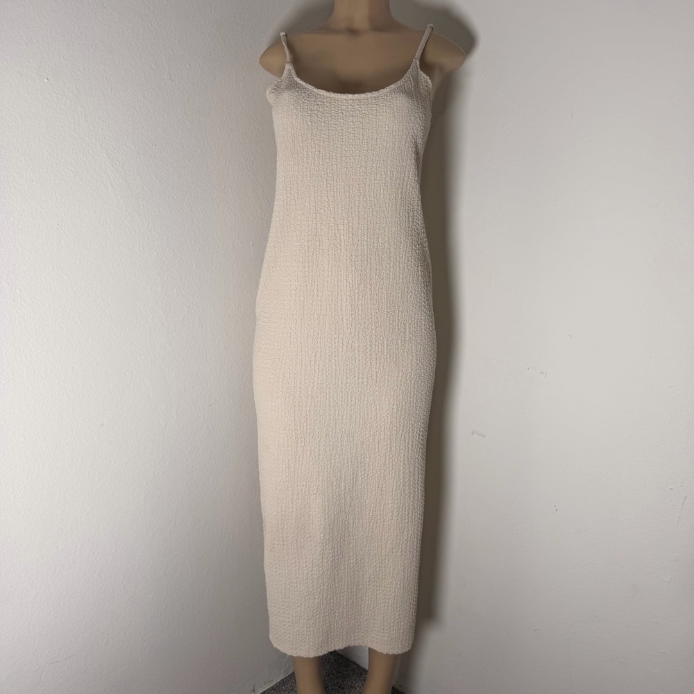 H&M Cream Textured Midi Dress | Minimal Slip Spaghetti Strap Neutral Aesthetic
